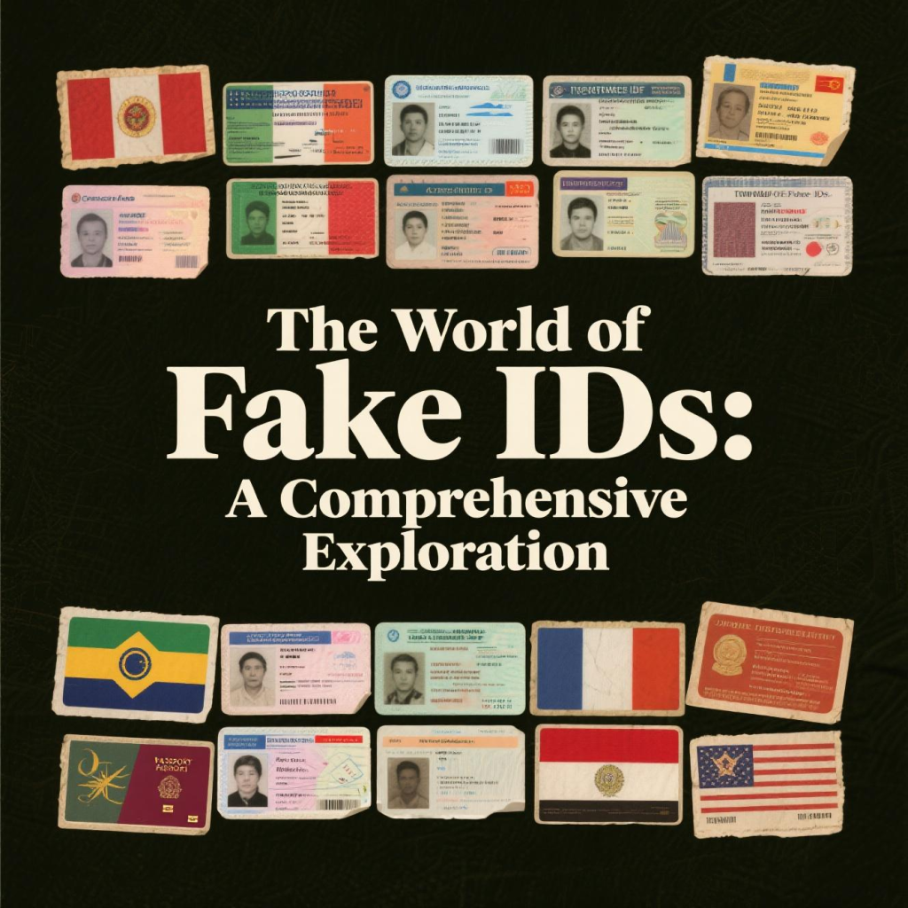 Custom novelty ID cards with modern designs displayed on a desk