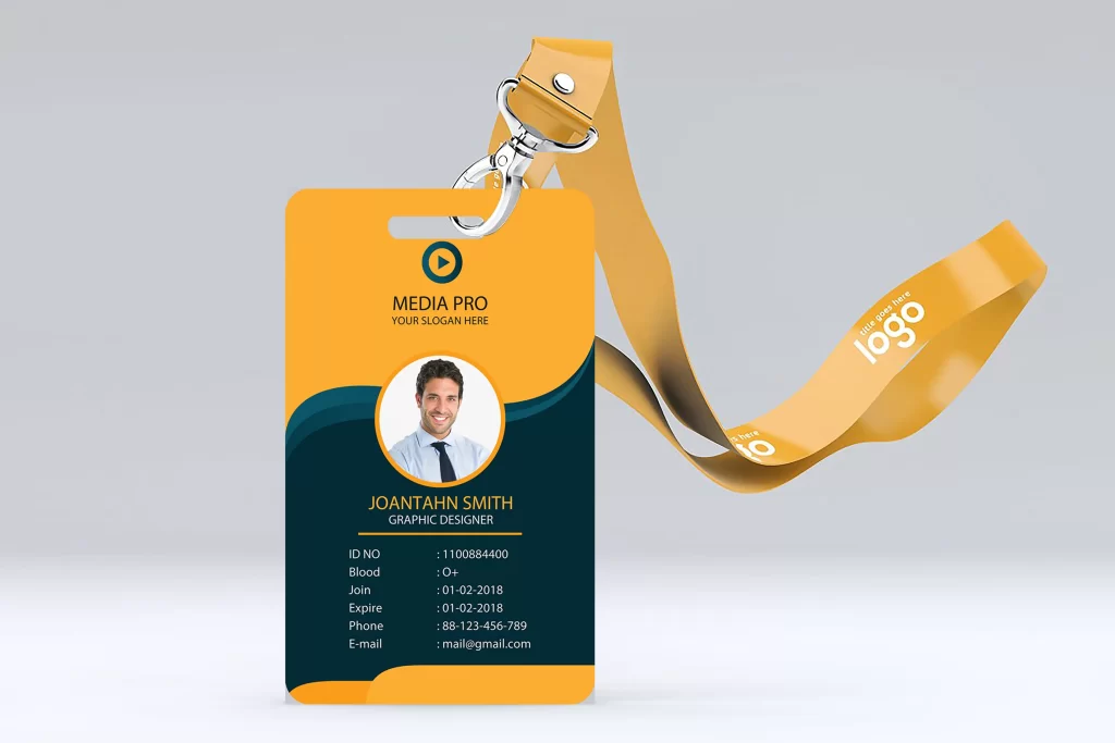 Branded employee ID card with company logo and colors